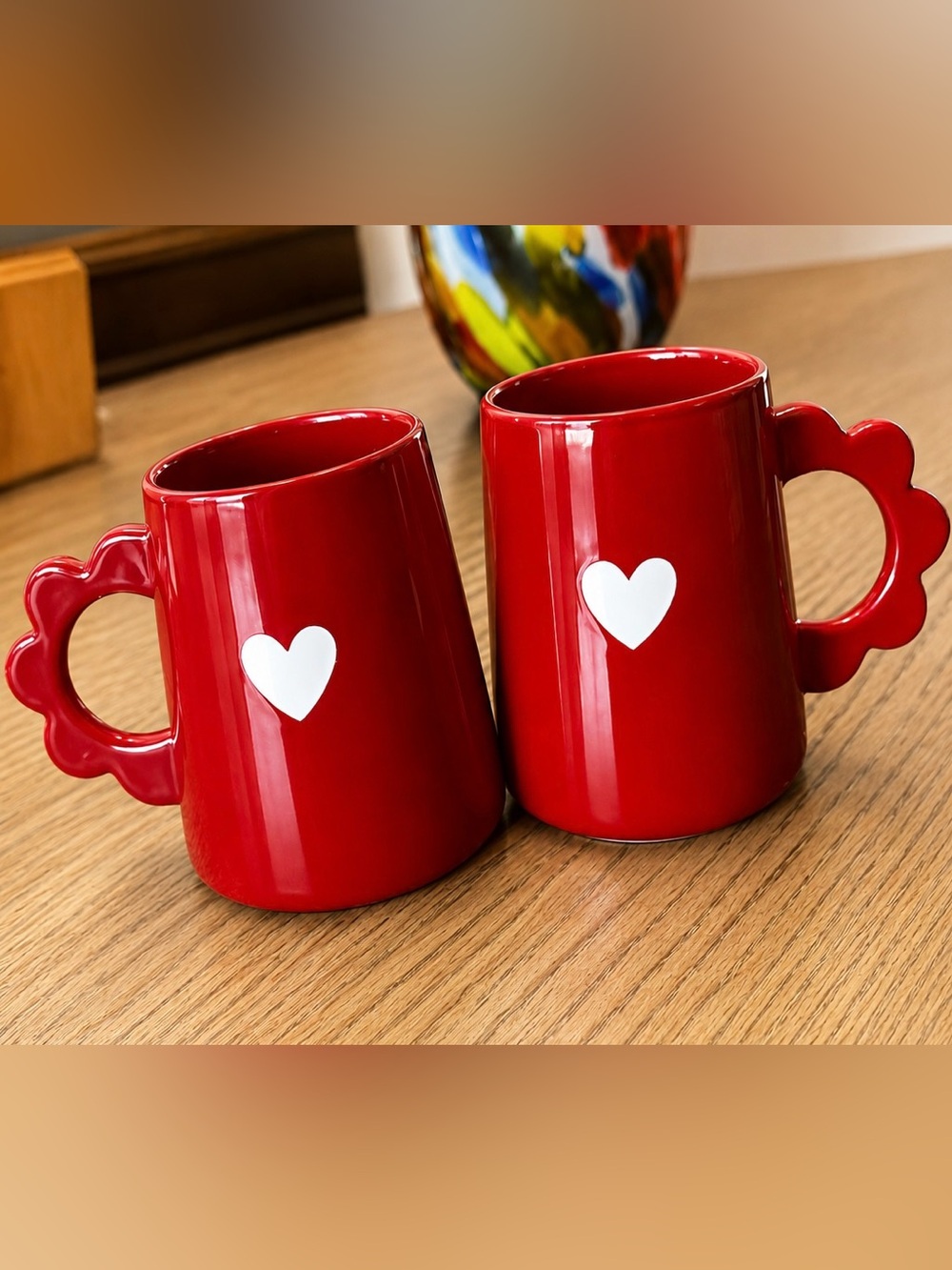 Red Heart Ceramic Mugs with Scalloped Handles - Set of 2
